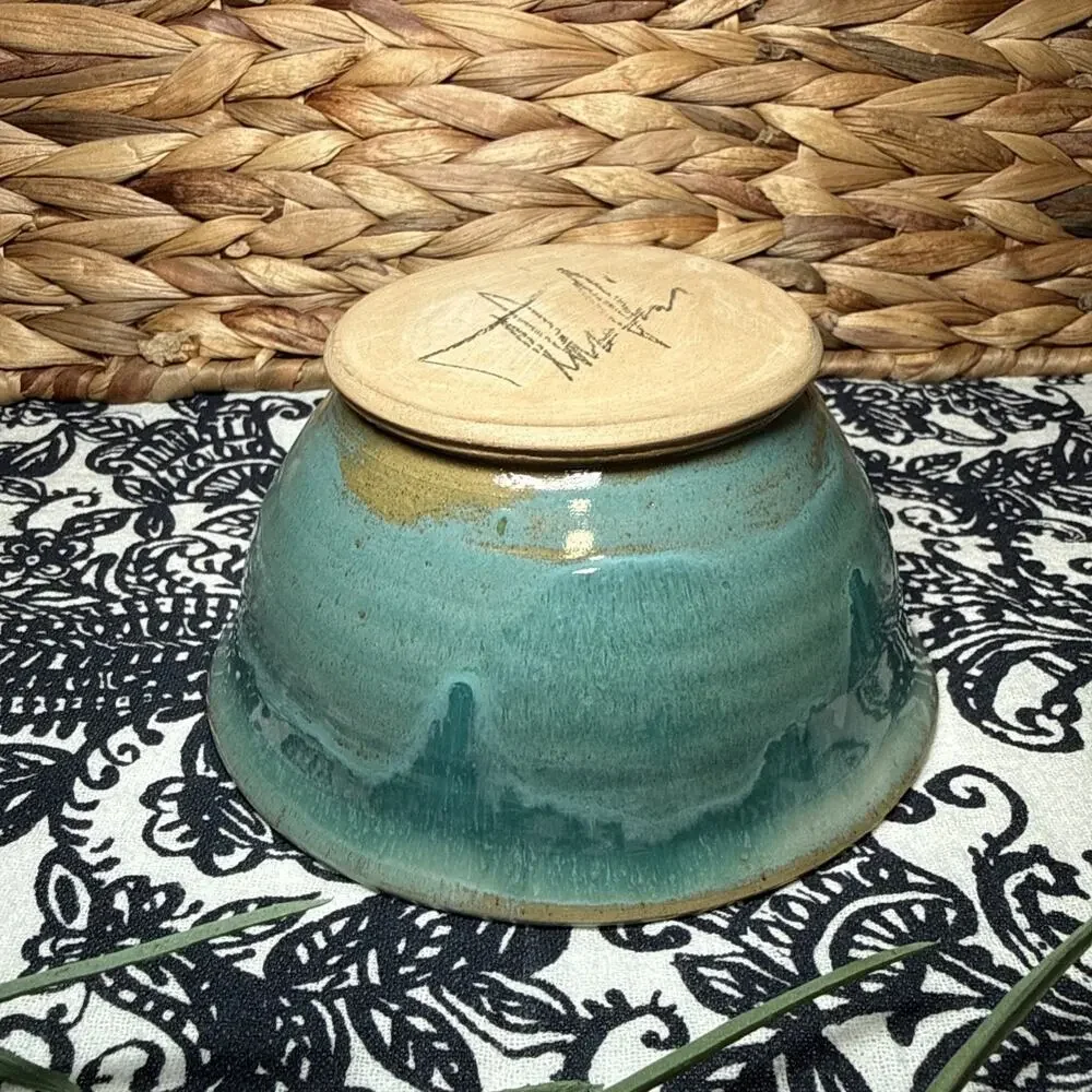 NEW Hand Made Coffee Mug Cup Artist Signed Blue Green Cream Stoneware Mug Cup
